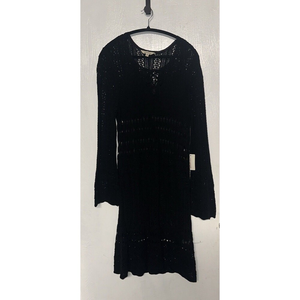Lucky Brand Women's Cotton Long-Sleeve Lace-Up Crochet Dress Black Size XL $149